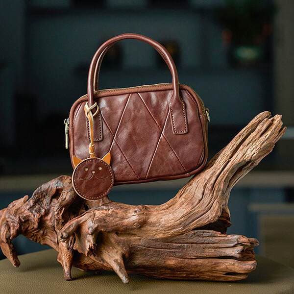 Genuine Leather Handmade Bowling Bag For Women New Retro Style Crossbody Vegetable Tanned Cowhide Versatile Handheld Pillow Bag