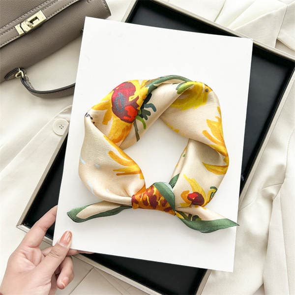 Nordic Style Oil Painting Sunflower Silk Scarf For Women, French Elegant 100% Mulberry Silk Square Scarf, Versatile Necktie