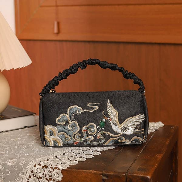 Black Embroidered Coin Purse - Vintage Qipao Banquet Clutch, Leather Handle Embroidered Shoulder Bag (In Stock)