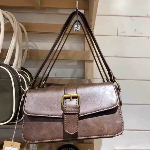 BM Style New Retro Baguette Bag Brown Leather Buckle Flap Underarm Bag Handbag Shoulder Bag Versatile Small Square Bag