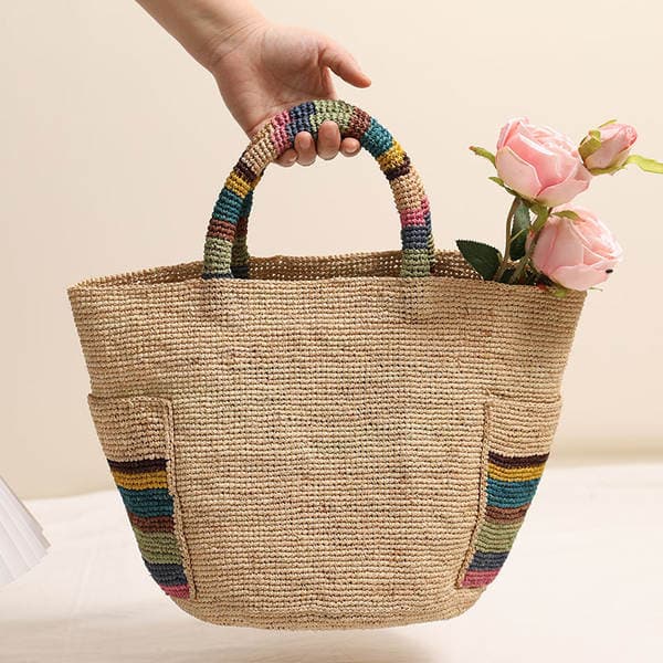 Luxury Raffia Hand-Woven Tote Bag - New Fashion Colorful Outer Pocket Woven Bag For Women, Beach Vacation Bag