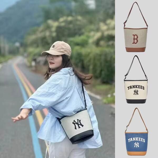 MLB Korea Bucket Bag NY Classic Embroidery Trendy Academic Style Versatile Lightweight Commuter Large Capacity Shoulder Crossbody Bag