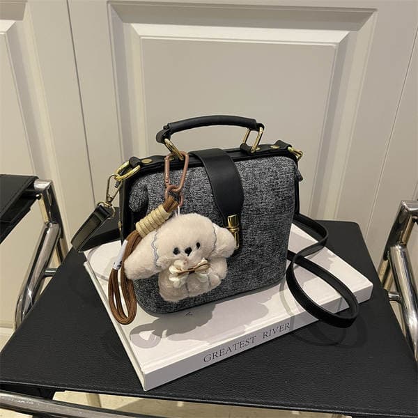 PU Leather Vintage Chinese Style Large Capacity Grained Cowhide Shoulder Crossbody Doctor Bag Women's Bucket Bag