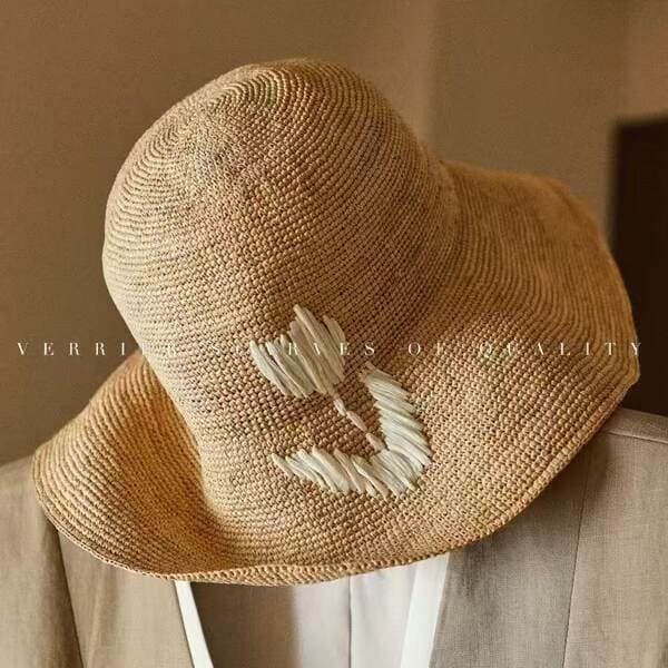 French Style Raffia Hand-Woven Tulip Straw Hat For Women, Summer Beach Vacation Sun Hat With Wide Brim