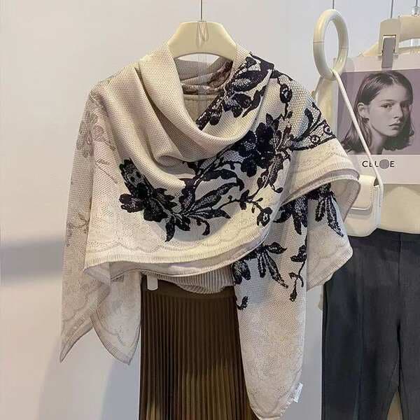 100% Mulberry Silk 110cm French Lace Floral Square Scarf For Women, Summer Lightweight Handmade Silk Scarf