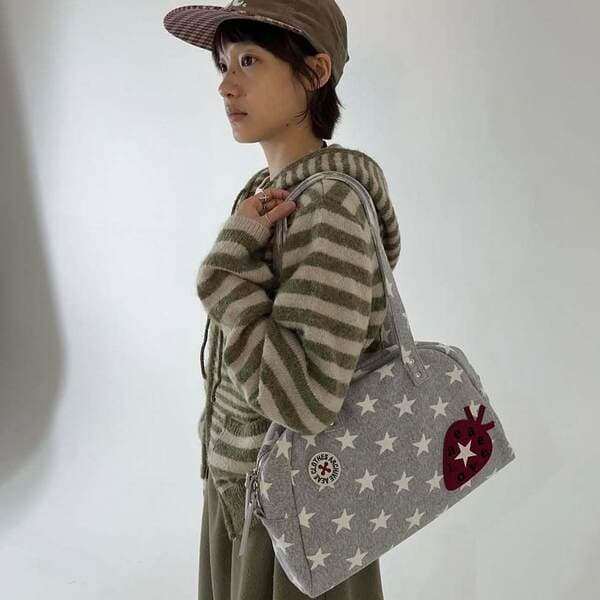 Aeae Korean Niche Design Star Strawberry Shoulder Bag For Women Retro Academy Style Handbag Bowling Bag