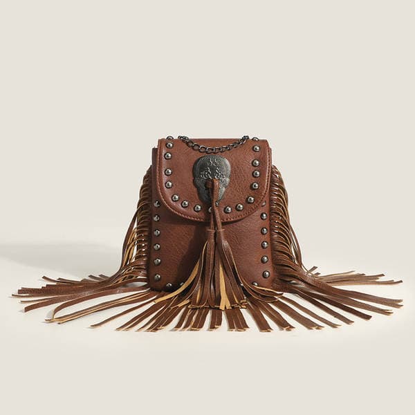 Trendy Fashion European & American Women's Studded Tassel Mini Phone Bag Casual Soft Leather Sweet Cool Biker Style Chain Crossbody Bag