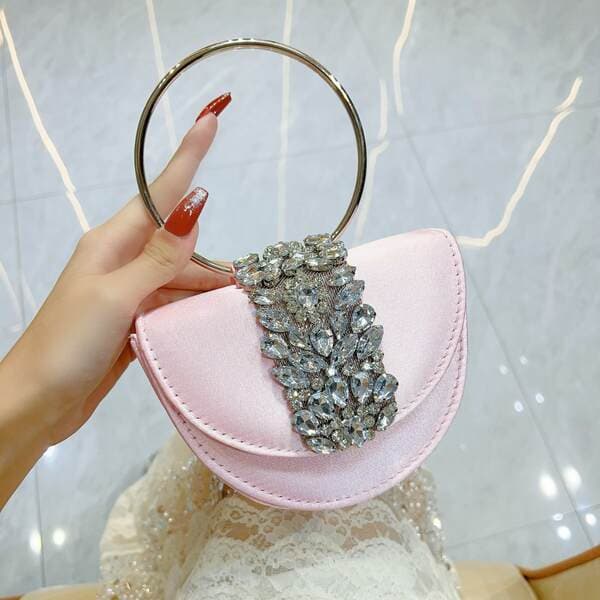 Cross-Border New Arrival Semi-Circular Sparkling Rhinestone Crescent Bag Diamond Silk Satin Flap Small Square Crossbody Bag