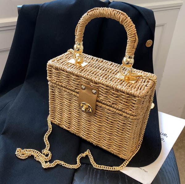 Retro Straw Woven Bag 2025 Summer New Fashion Beach Handbag Shoulder Crossbody Bag Small Square Box Bag