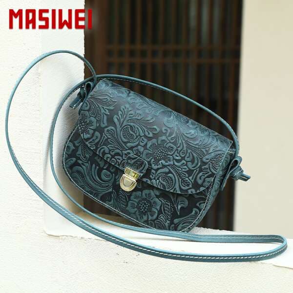 MASIWEI Crazy Horse Leather Vintage Embossed Shoulder Bag - Fashion Genuine Leather Women's Crossbody Bag with High-End Clasp
