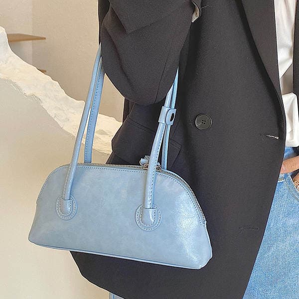Women's Retro Fashion Oil Wax Leather Baguette Bag, Niche Versatile Casual Candy Color Long Handle Shoulder Underarm Bag