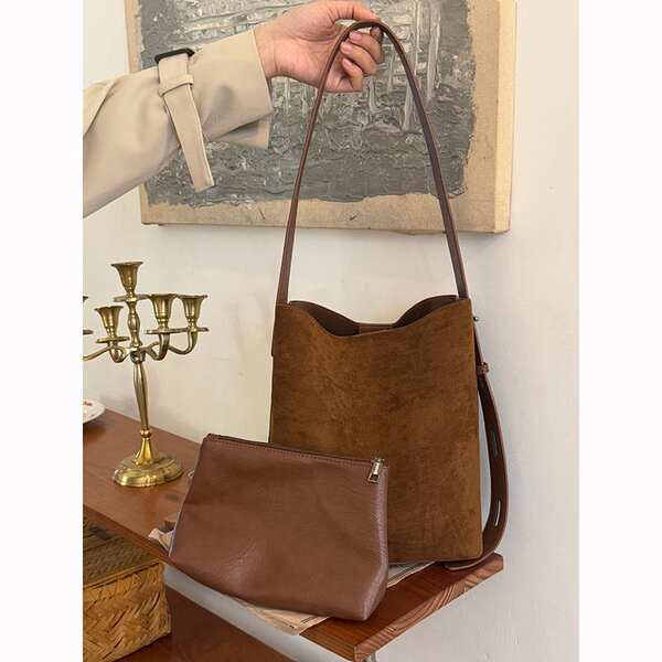 Retro Matte Suede Underarm Bucket Bag For Women, Large Capacity Leopard Print Shoulder Crossbody Bag, Niche Commuter Mother-Daughter Bag Set