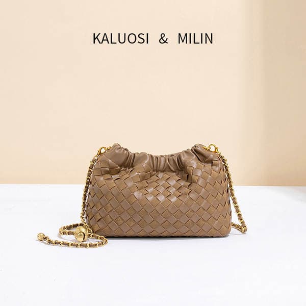New Woven Cloud Bag With Gold Chain, Handmade Horizontal Shoulder & Crossbody Bag, Gold Ball Small Square Drawstring Pleated Bag