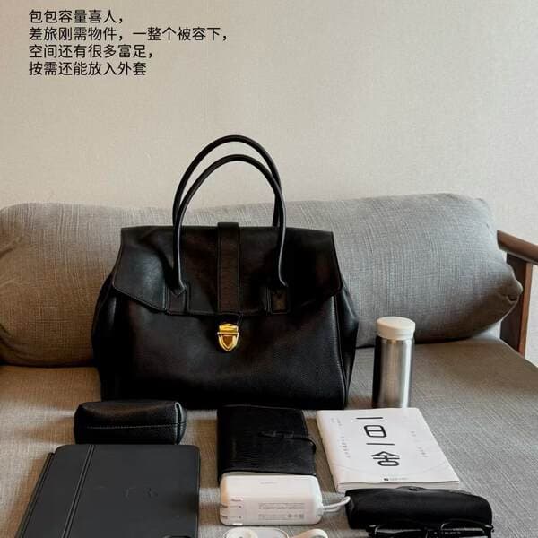 Qiu Family Women's Genuine Leather Retro Large Capacity Briefcase, Top Grain Vegetable-Tanned Cowhide Commuter Handbag