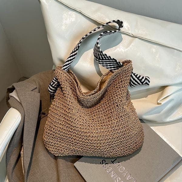 Navy Style Large Capacity Straw Woven Bag For Women, Summer Beach Vacation Woven Tote, Lazy Style Wide Strap Commuter Tote Bag