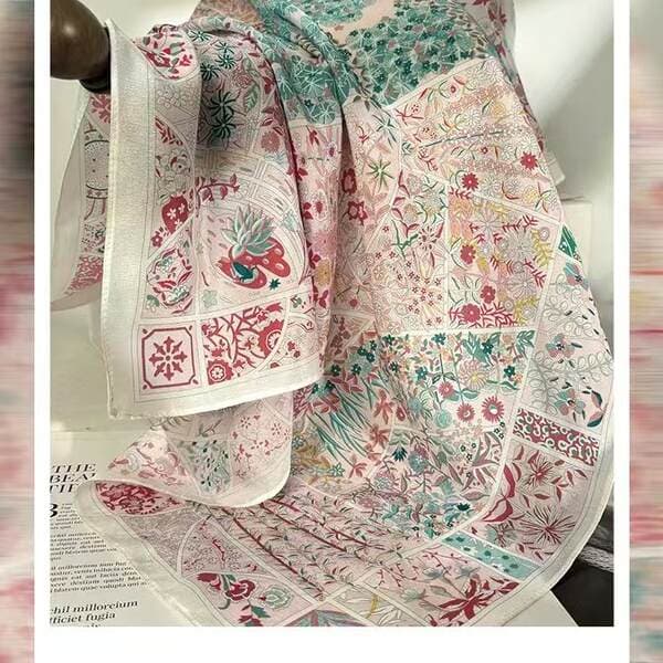 100% Mulberry Silk Monet's Garden Silk Crepe Scarf For Women, Spring/Autumn Fashion High-End Vintage Scarf