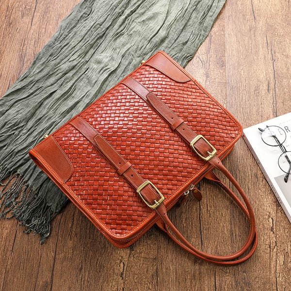 Zhuanshan Hand-Woven Women's Handbag Vegetable Tanned Top Grain Cowhide Leather Men's Office Briefcase Large Capacity Laptop Bag