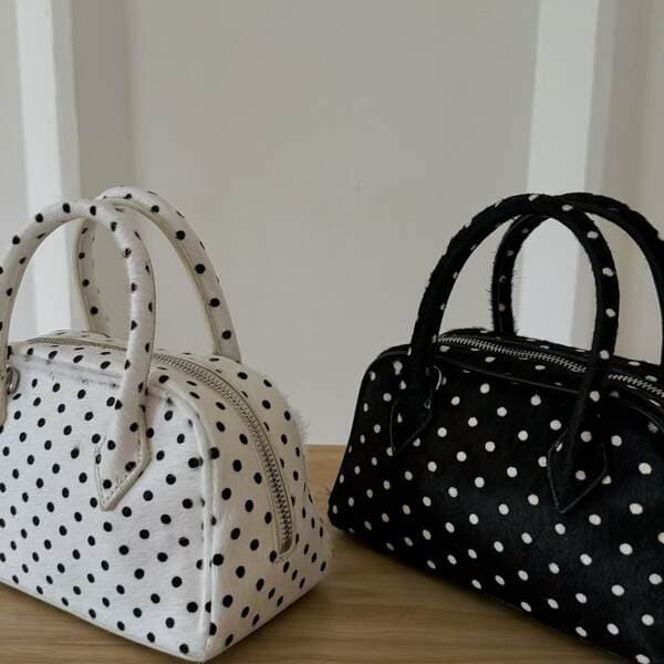 Niche Design Horsehair Polka Dot Boston Handbag Genuine Cowhide Leather Commuter Small Tote Bag