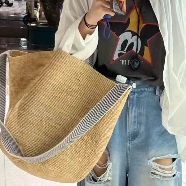 Women's Summer Raffia Woven Bag Large Capacity Crossbody Bag Beach Vacation Bucket Tote Handbag Solid Color
