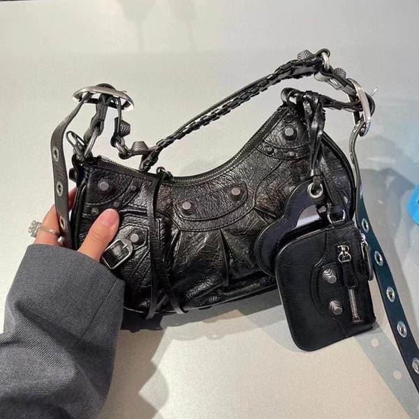 2025 New B-Brand Motorcycle Underarm Bag Studded Tassel 3-In-1 Crescent Pleated Cowhide Shoulder Crossbody Bag For Women