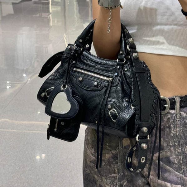 New Neo 3-In-1 Handheld Motorcycle Bag - Cool Girl Retro Studded Top Grain Oil Wax Cowhide Crossbody Bag For Women