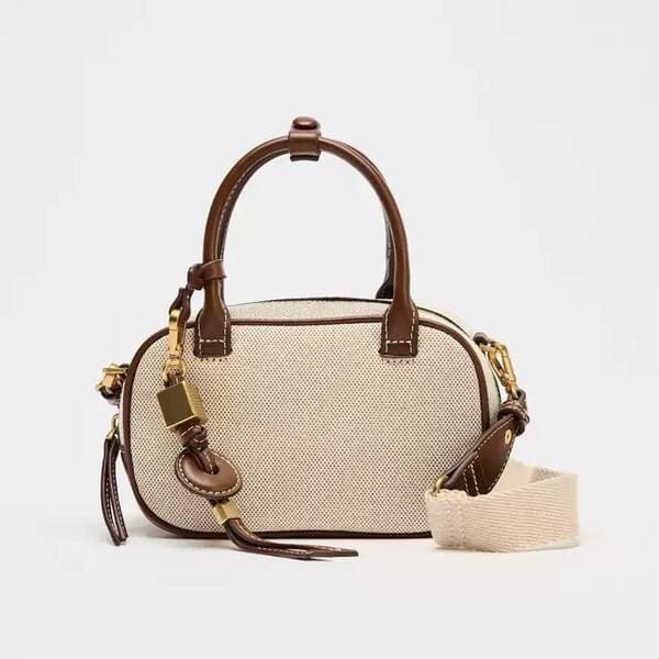 Spanish Women's Bag 2025 New Arrival Niche Contrast Color Fashion Canvas PU Leather Bowling Small Square Shoulder & Crossbody Bag