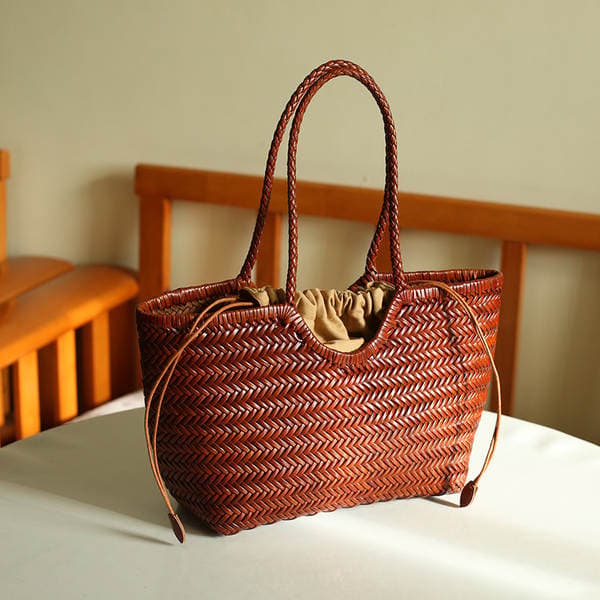 Dragon French Hand-Woven Women's Top Grain Cowhide Handbag, Large Capacity Shoulder Tote Bag For Beach Vacations