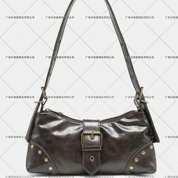 Women’s Vintage Maillard Distressed PU Leather Biker Baguette Underarm Shoulder Bag with Stud and Pin Buckle Detail