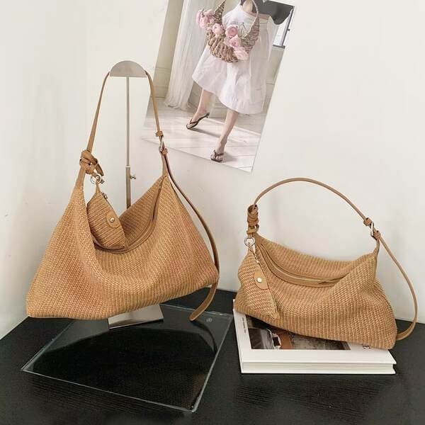 Raffia Woven Tote Bag For Women 2025 New Large Capacity Vacation Style Straw Bag Cowhide Crossbody Dumpling Bag