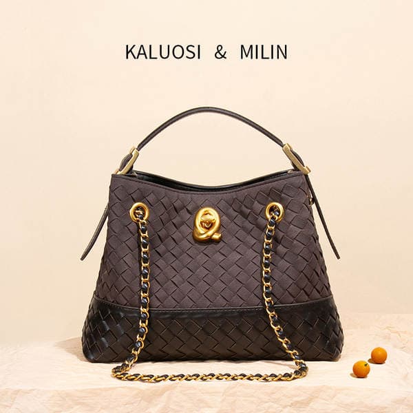 Retro Luxury Woven Bag Contrast Suede Tote Bag For Women 2025 New Bucket Bag Crossbody Chain Bag