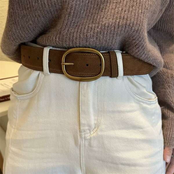 Wide Waist Belt For Coats Women's Retro Brown Gold Buckle Double Layer Cowhide Suede High-End Belt Autumn Winter New Arrival