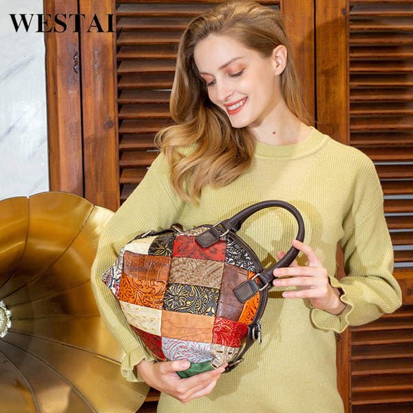 New Ethnic National Style Women's Contrast Patchwork Handbag Genuine Leather Shoulder Crossbody Bag Fashionable Designer Bag