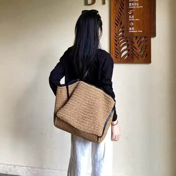 Vintage Straw Woven Bag For Women, Large Capacity Shoulder Tote Bag, Shopping Bag, Beach Vacation Handbag