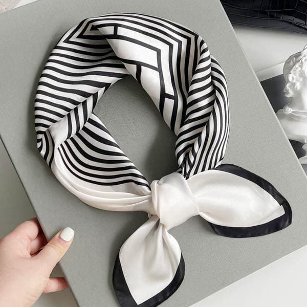 Black And White Greek Key 100% Mulberry Silk Square Scarf For Women, Stylish Versatile Thin Silk Gift, French Real Silk Small Scarf