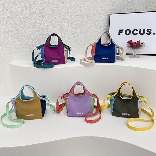 Fashion Contrast Color Patchwork Crossbody Bag For Women, Lightweight Nylon Shoulder Bag, Sporty Casual Handheld Bucket Bag