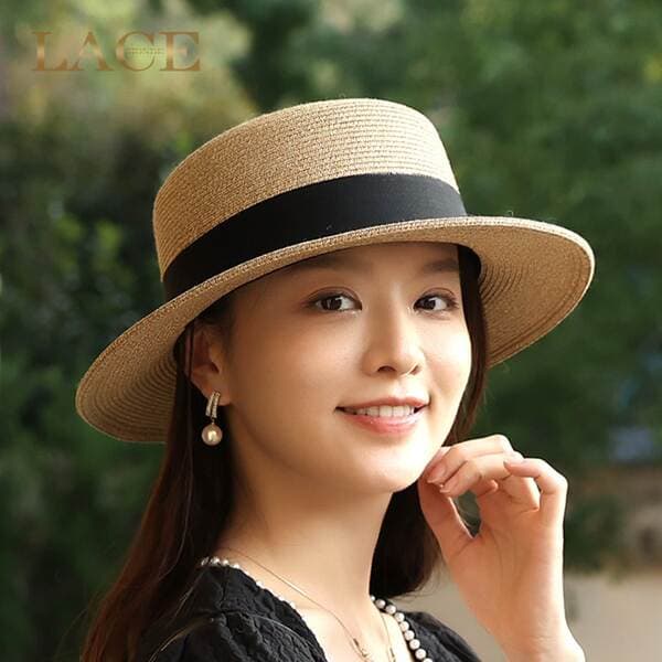 Japanese Style Flat Top Straw Hat for Women - Summer Sun Protection UV Blocking Woven Beach Hat for Vacation