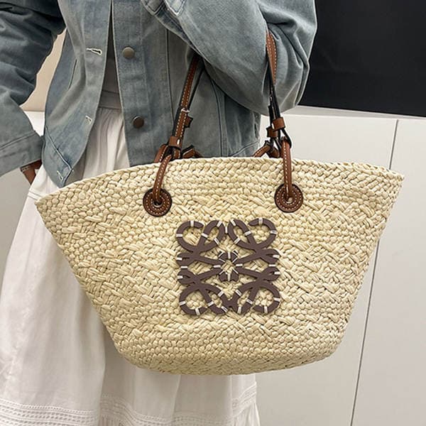 Luo Jia Shoulder Tote Straw Woven Bag Hand-Woven Beach Bag For Seaside Vacation Rattan Straw Shoulder Bag