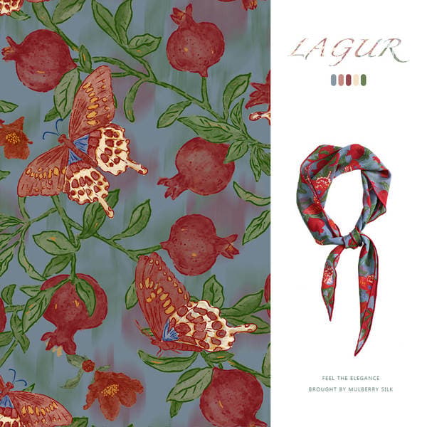 Butterfly Pomegranate' 100% Mulberry Silk Triangle Scarf, Silk Crepe Hemmed Diamond Scarf For Women, Luxury Style
