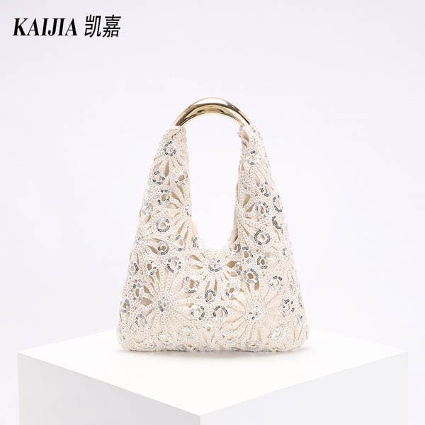 Cross-Border Women's New Sequin Hollow Crochet Bag Flower Pattern Vacation Style Crescent Handbag