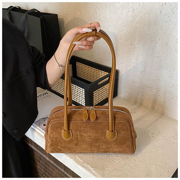 2025 Autumn Suede Baguette Bag For Women Large Capacity Commuter Bag Casual Retro Boston Shoulder Bag