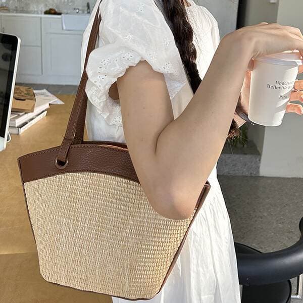 Cross-Border Straw Woven Bag For Women - Vacation Beach Casual Versatile French Retro Market Basket Shoulder Bag Fashion Woven Handbag