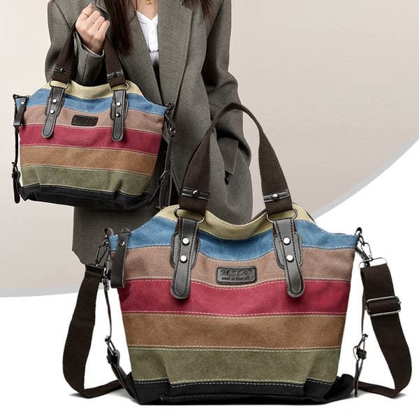 Cross-Border New Canvas Casual Retro Fashion Academic Style Large Capacity Women's Shoulder And Crossbody Contrast Patchwork Bag
