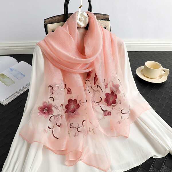 New High-End Silk Wool Embroidered Long Shawl Versatile Women's Floral Silk Scarf Gauze Decorative Scarf Wholesale