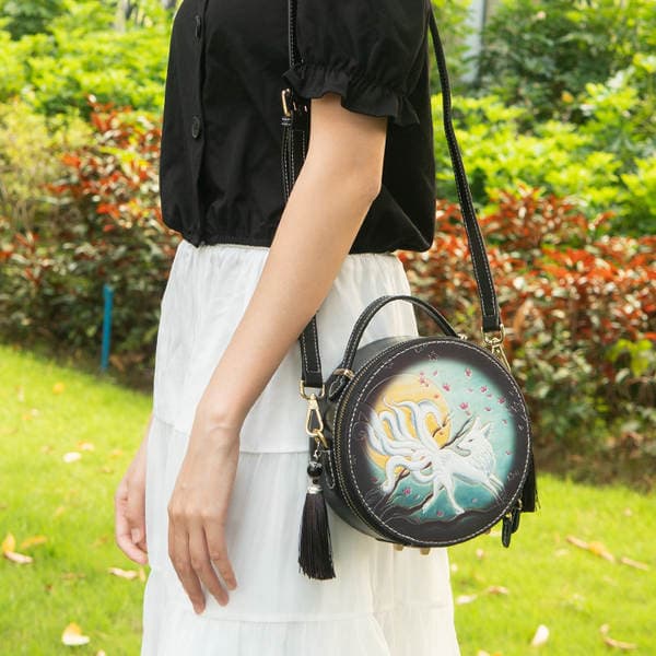 Tiaopijiang Women's Crossbody Bag - Summer Versatile Small Round Handbag, Designer Niche Genuine Leather Hand-Carved Bag