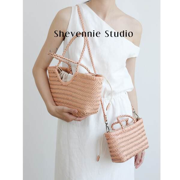 2026 Spring/Summer Retro Handmade Genuine Leather Woven Tote Bag For Women, Hand-Carry Crossbody Vacation Basket Bag