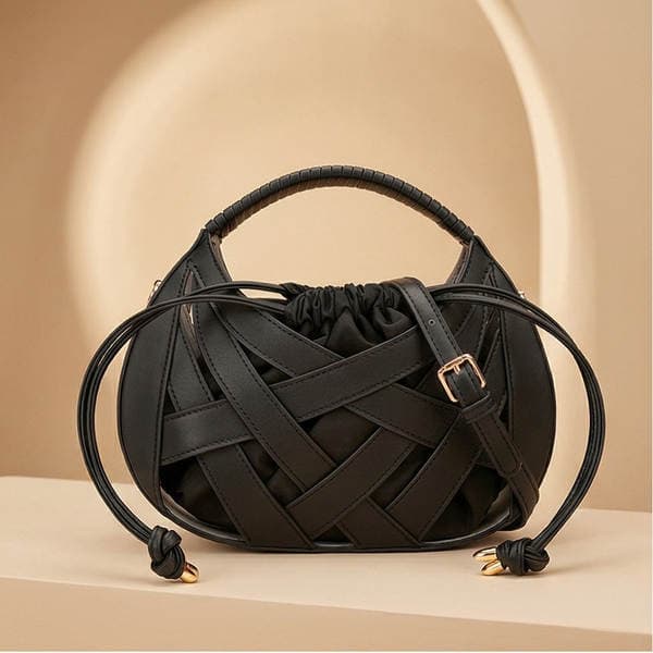 2026 Cross-Border Hot Sale Hollow Woven Underarm Bag Women's Light Luxury Niche Design Handbag Drawstring Half-Moon Bag