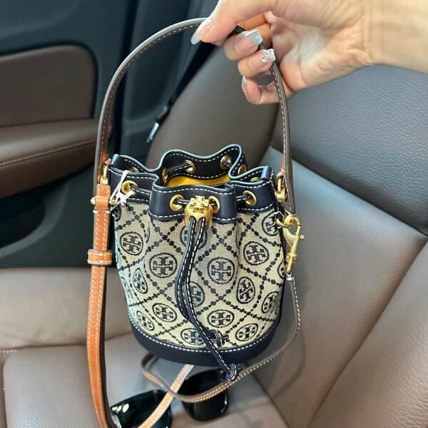 TB New Monogram Canvas Drawstring Bucket Bag Luxury Lightweight Shoulder & Crossbody Bag for Women
