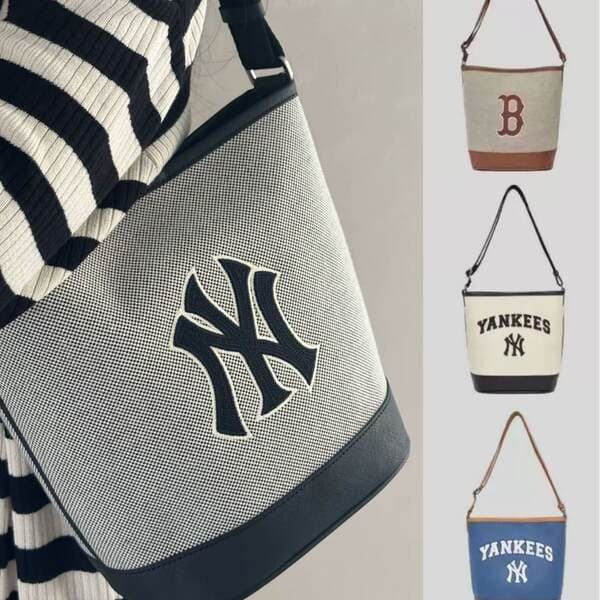 MLB Korea Canvas Bucket Bag Large Capacity Crossbody Bag NY Classic Embroidery Commuter Versatile Lightweight Shoulder Bag