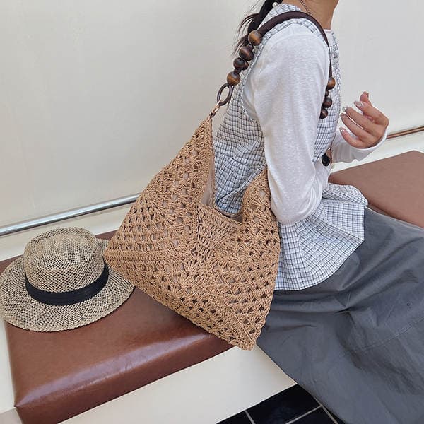 2025 New Summer Straw Woven Bag For Women, Hollow Out Shoulder Tote Bag For Beach Vacation, Woven Market Basket Bag