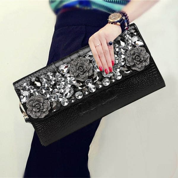 Elegant Diamond-Encrusted Women's Clutch Bag, Fashionable Genuine Leather Large Capacity Evening Bag For Banquets